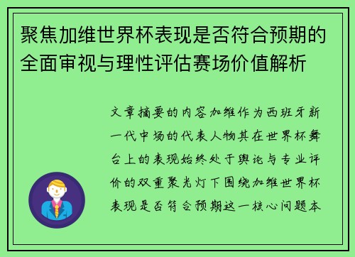 聚焦加维世界杯表现是否符合预期的全面审视与理性评估赛场价值解析